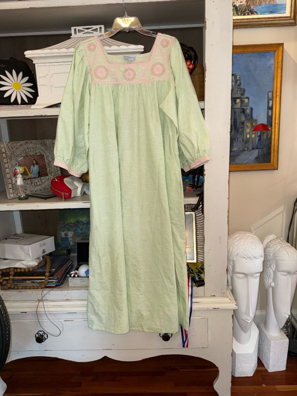 Mi Golondrina Large L embroidered maxi dress pink green